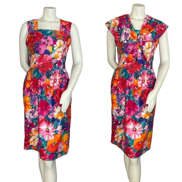 Vintage Floral Dress Sheath Vibrant Convertible Collar Square Neck Petite Lanz - Picture 1 of 16